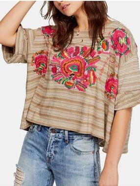 Free People Catalunya Striped Neon Embroidered Oversized Crop Tee, Size XS